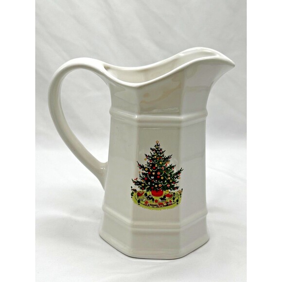 VINTAGE Pfaltzgraff Heritage Stoneware Christmas Pitcher 1 Qt / 32 oz w Tree 8" - Picture 3 of 11